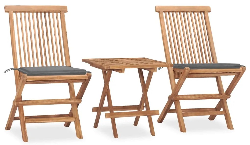 vidaXL 3 pcs conj. jantar dobrável exterior c/ almofadão teca maciça