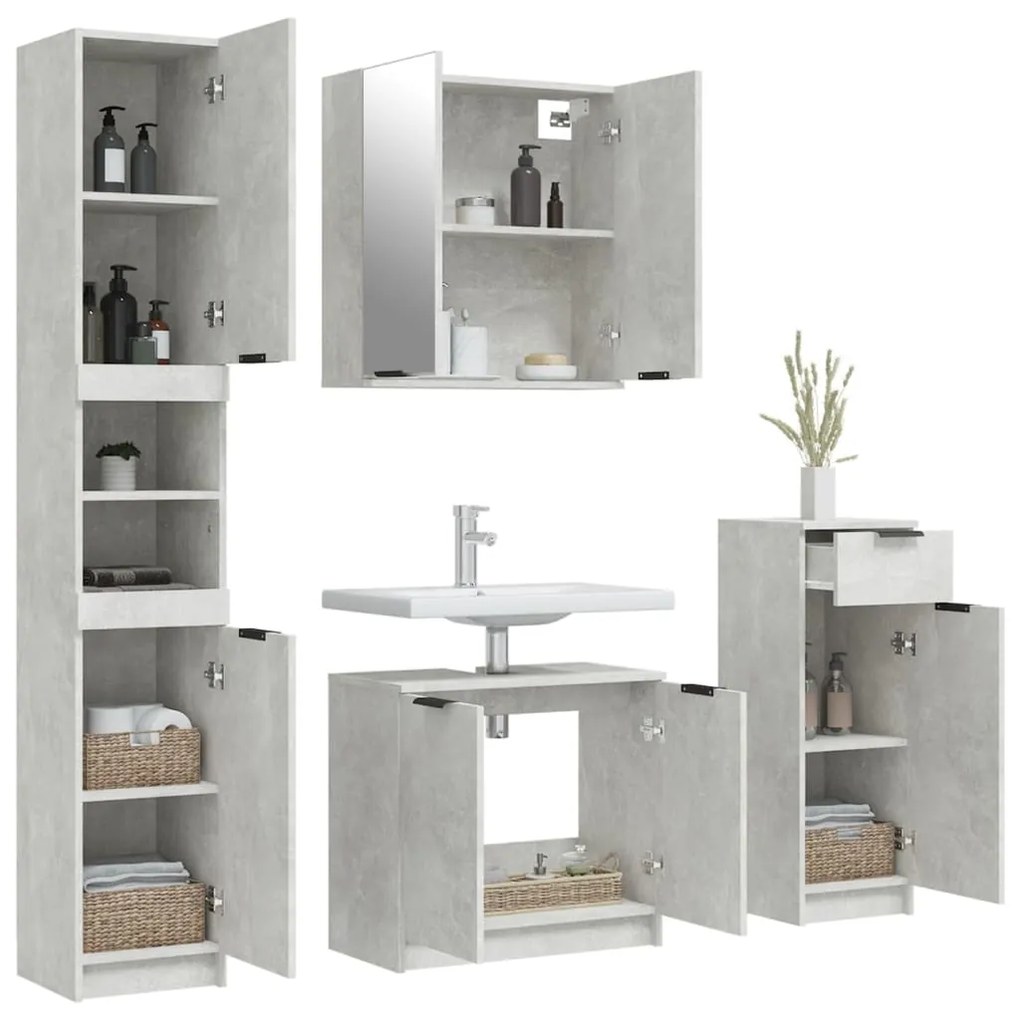 4 pcs conj. móveis casa de banho madeira proc. cinza cimento