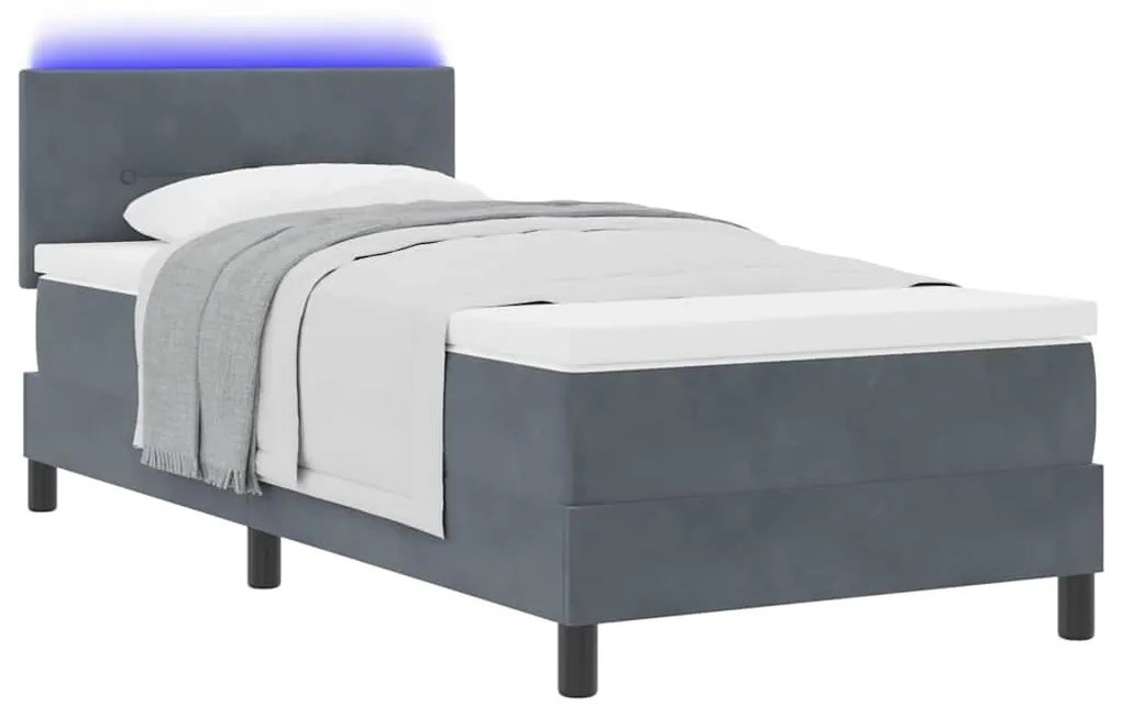 Cama Box Spring vidaXL com Colchão e LED Cinza Escuro 90x200 cm Veludo