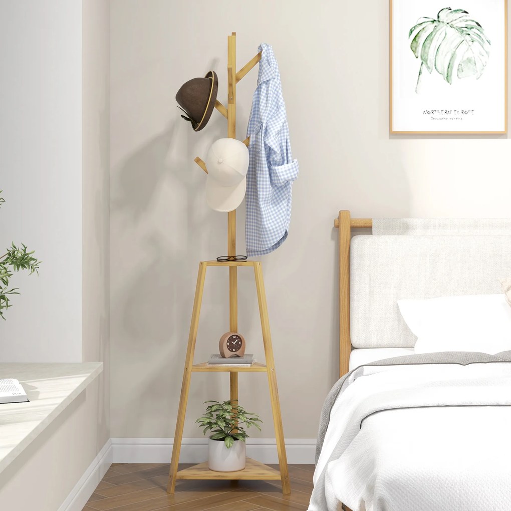 Cabide de pé em madeira de bambu com 8 ganchos e 3 prateleiras, 46 x 46 x 175 cm, cor natural