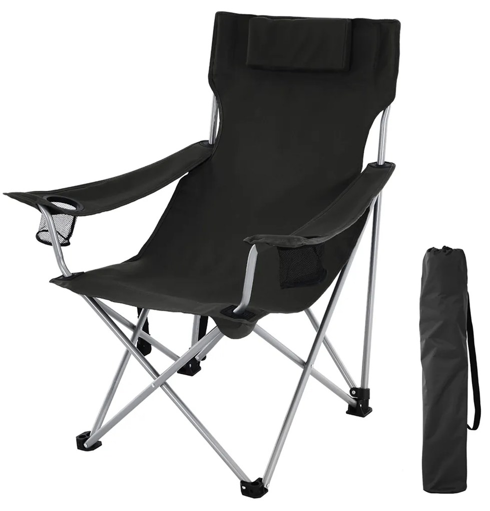 Cadeira de acampamento dobrável SONGMICS, cadeira para áreas externas com apoios de braços, apoio de cabeça e porta-copos, estrutura estável, capacidade máxima de 150 kg, preta GCB09BK