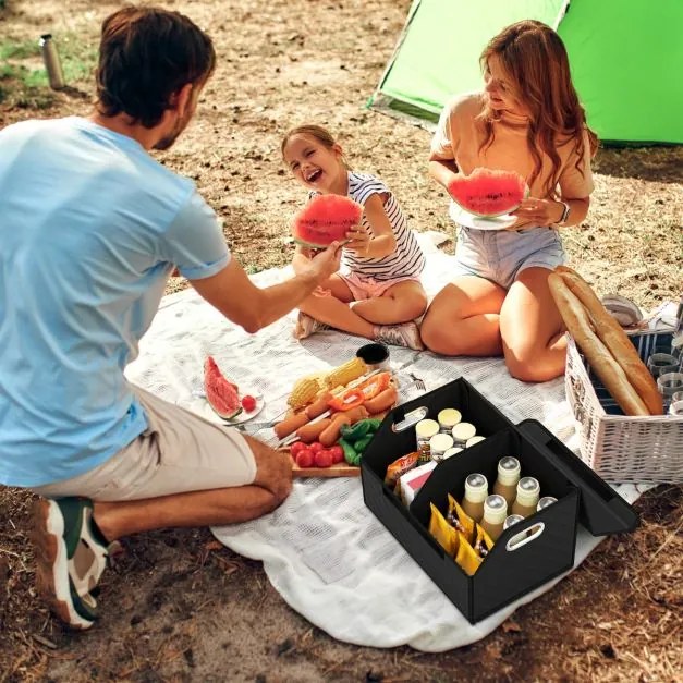 Organizador dobrável 30 x 47 x 27,5 cm para porta-malas de carros 35L com tampa acolchoada em couro e divisória ajustável Preta