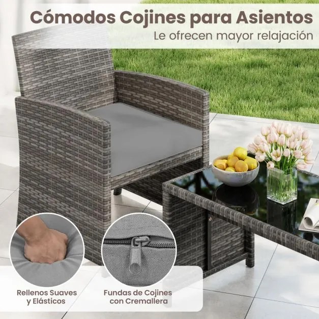 Conjunto de Jardim, 4 peças em rattan com almofadas e tampo em vidro temperado, para jardim, alpendre ou varanda, cinzento