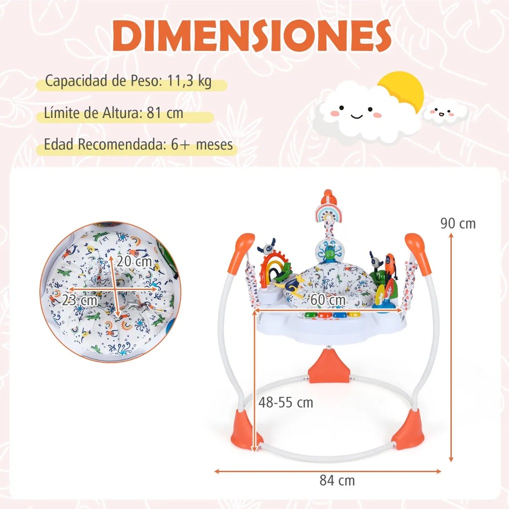 Centro de atividades para bebés com saltador, 6 brinquedos, luzes, música, 3 alturas ajustáveis, mesa giratória 360° para 6+ meses, Laranja