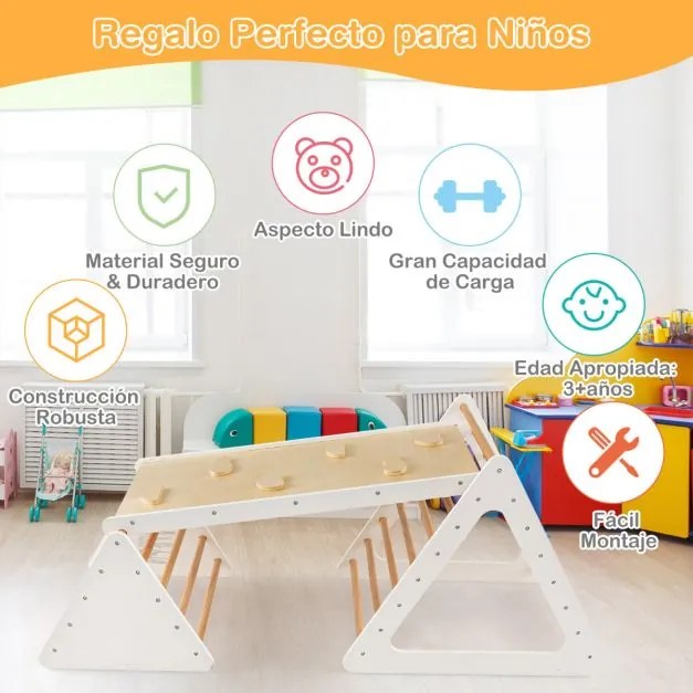 Conjunto de escalada 3 em 1 para crianças 2 escadas triangulares e 1 rampa para deslizar e escalar ponte de madeira multicolorida