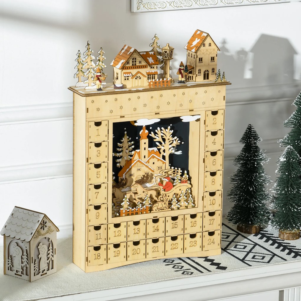 HOMCOM Calendário de Advento com Iluminação LED e 24 Gavetas de Contagem Regressiva Calendário de Advento de Madeira Decoração de Natal 36x9x52 cm Madeira