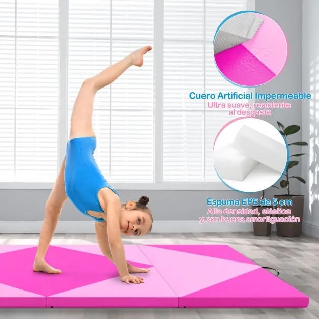 Colchão de ginástica dobrável 240 x 117 x 5 cm de PU para exercícios aeróbicos multifuncional purpura e rosa