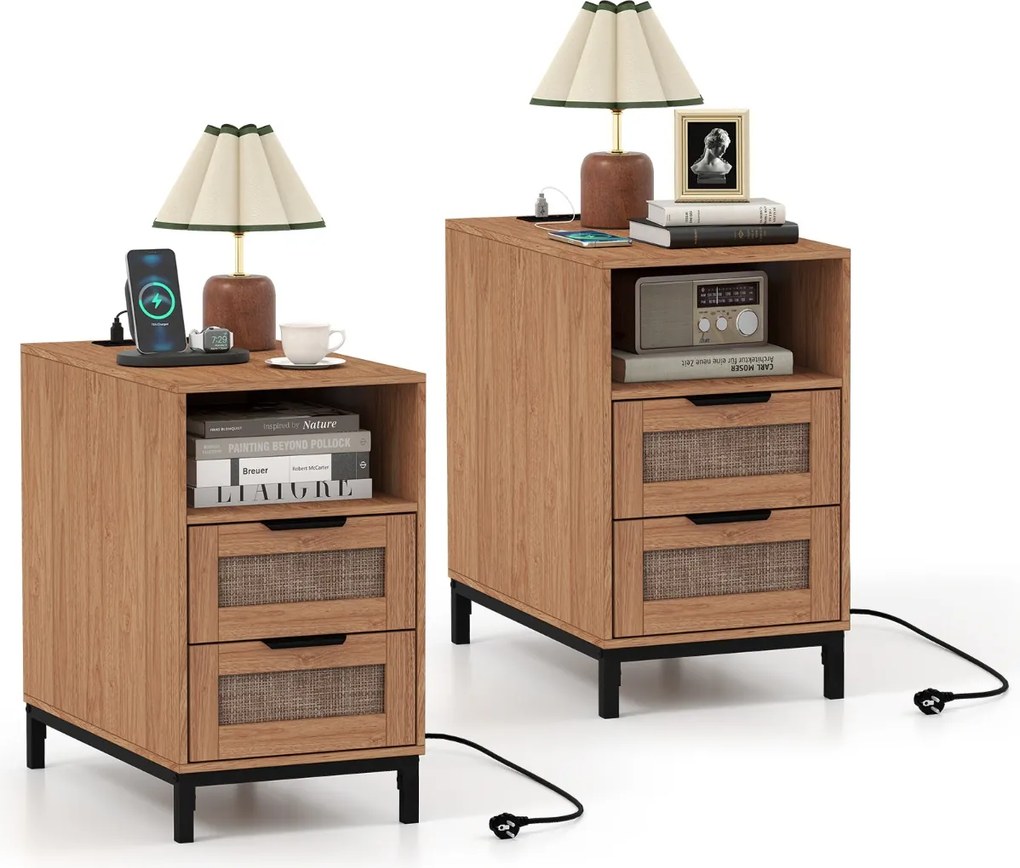 Conjunto de 2 mesas de cabeceira em rattan 60 x 35 x 61 cm com estação de carregamento e 2 gavetas estilo boho com armazenamento aberto natural e pret