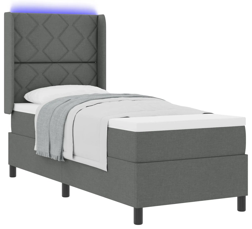 Cama Box Spring vidaXL com Colchão e LED Cinza Escuro 90x190 cm Tecido