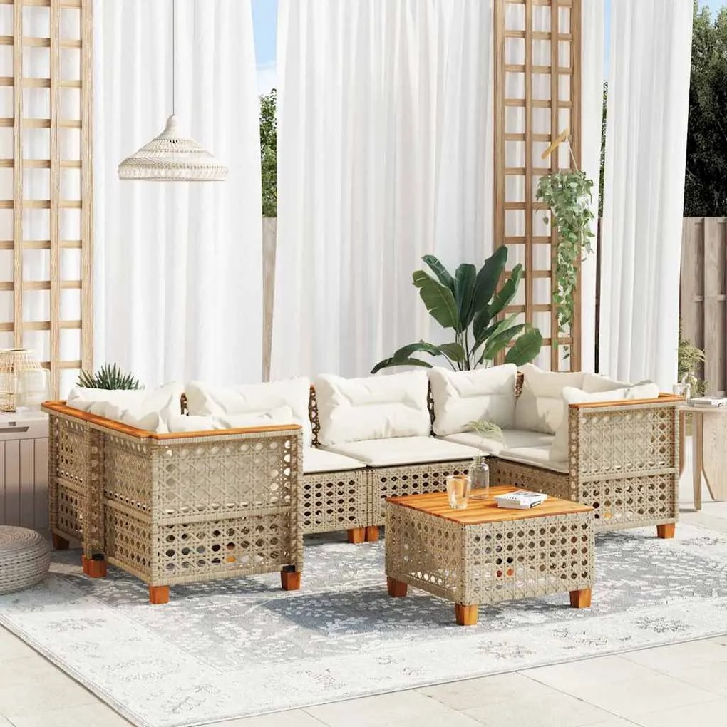 7 pcs conjunto de sofás p/ jardim com almofadões vime PE bege