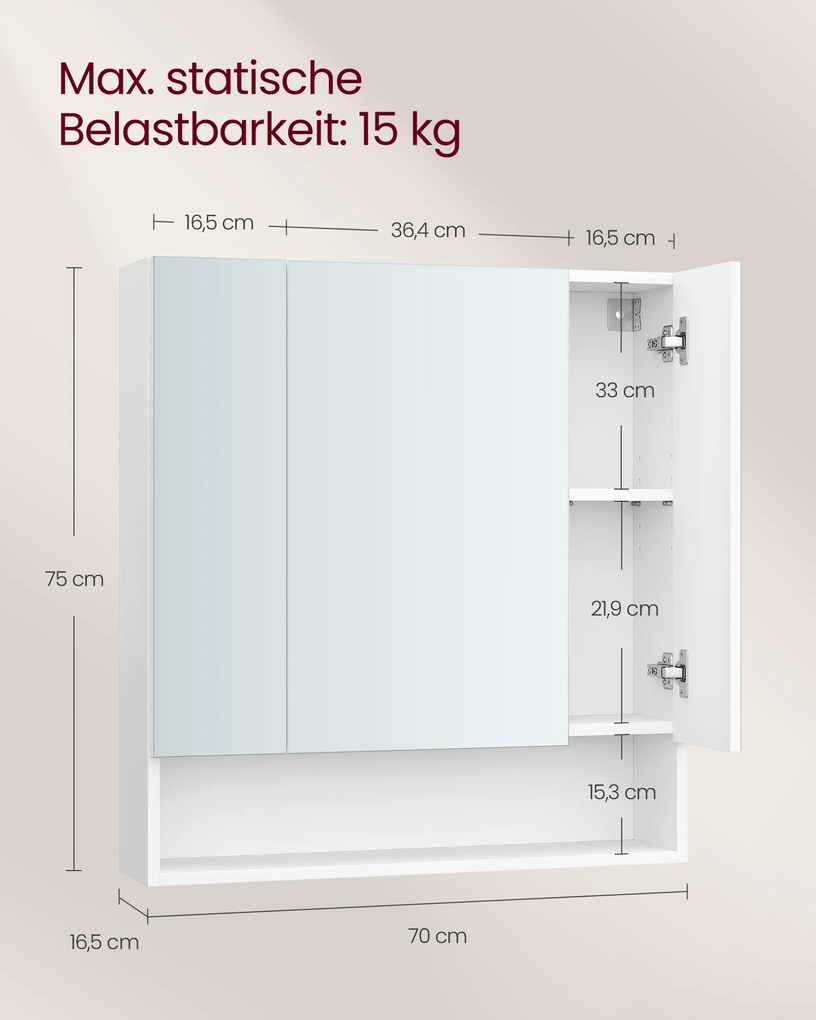 Armário de casa de banho parede com 3 portas 16,5 x 70 x 75 cm branco