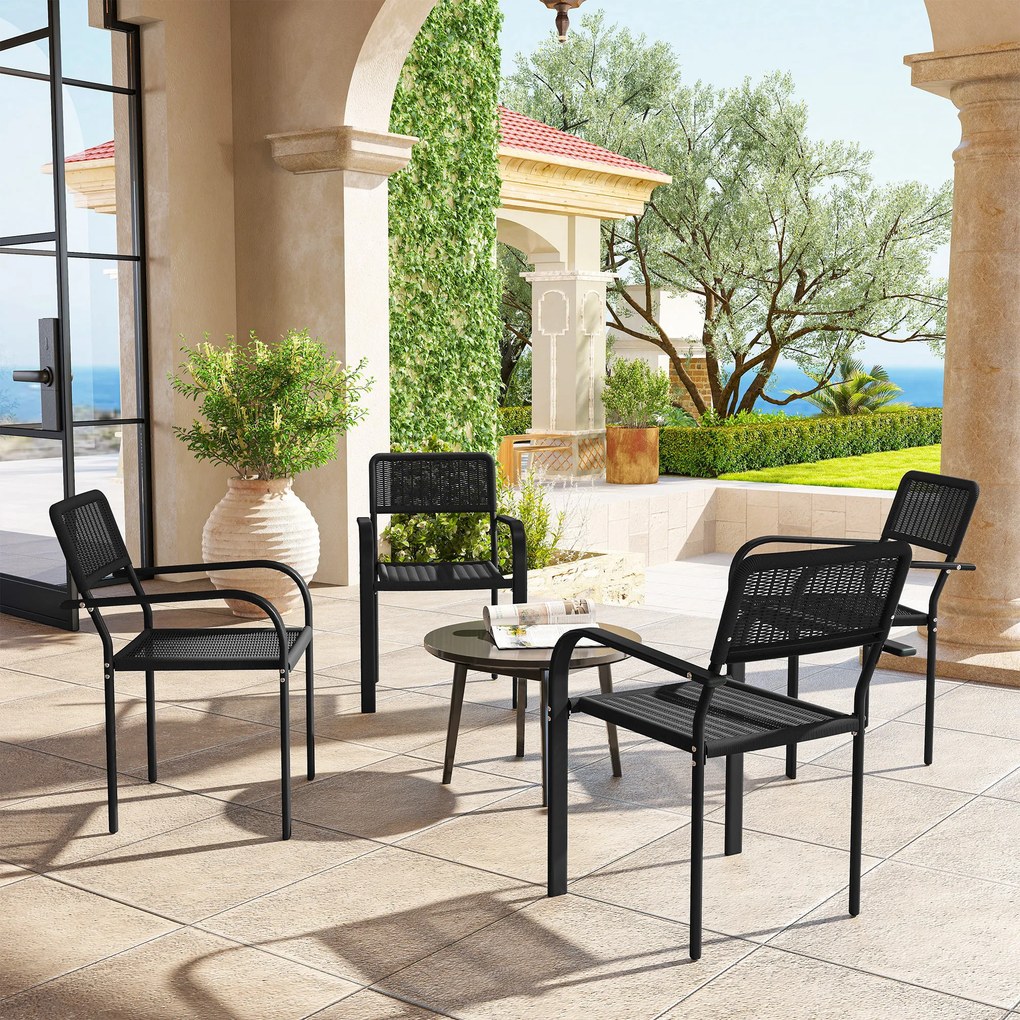 Conjunto de 4 Cadeiras de Jardim Exterior Empilháveis (MESA NÃO INCLUIDA) com Apoios de Braços Encosto e Estrutura de Aço 55x60x83 cm Preto