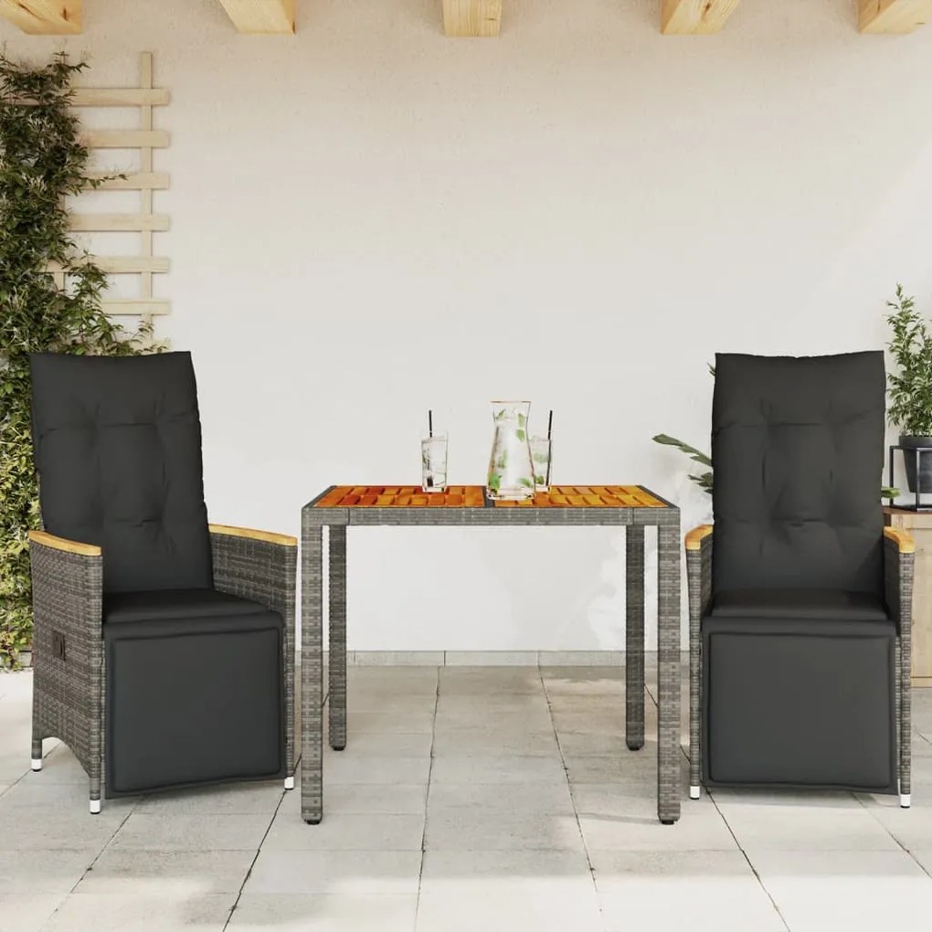 3 pcs conjunto bistrô de jardim c/ almofadões vime PE cinza