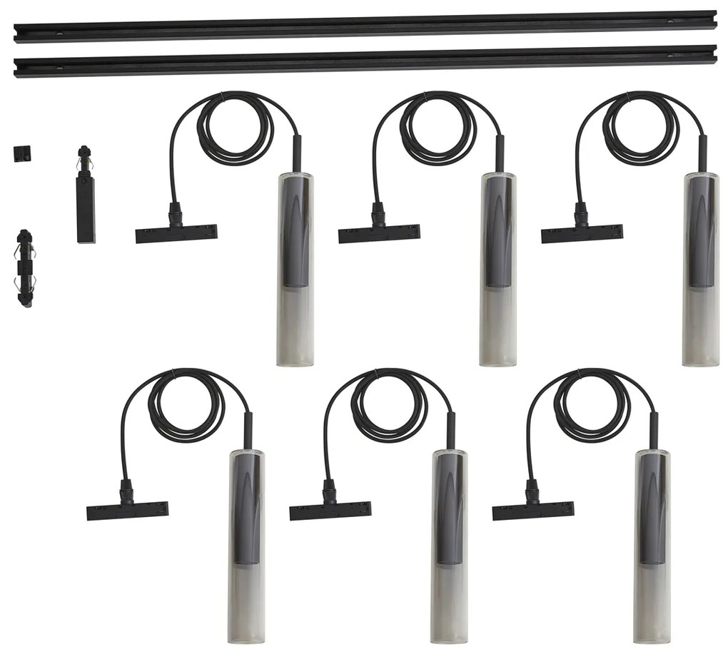 Sistema de iluminação de trilho moderno preto com 6 candeeiros suspensos pretos com vidro fumado 1 fase - Slimline Loyce