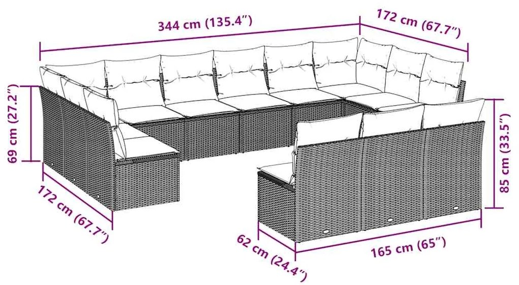 13 pcs conjunto sofás p/ jardim c/ almofadões vime PE castanho