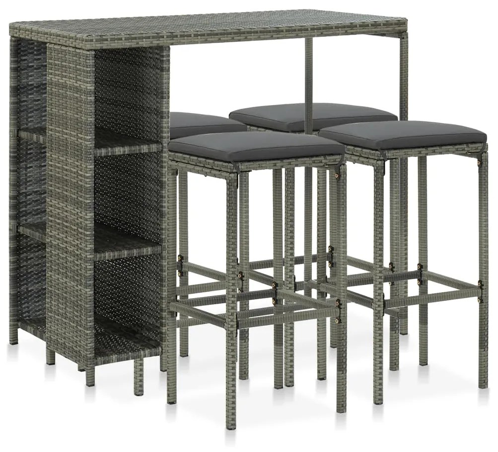 vidaXL 5 pcs conjunto de bar p/ jardim c/ almofadões vime PE cinzento