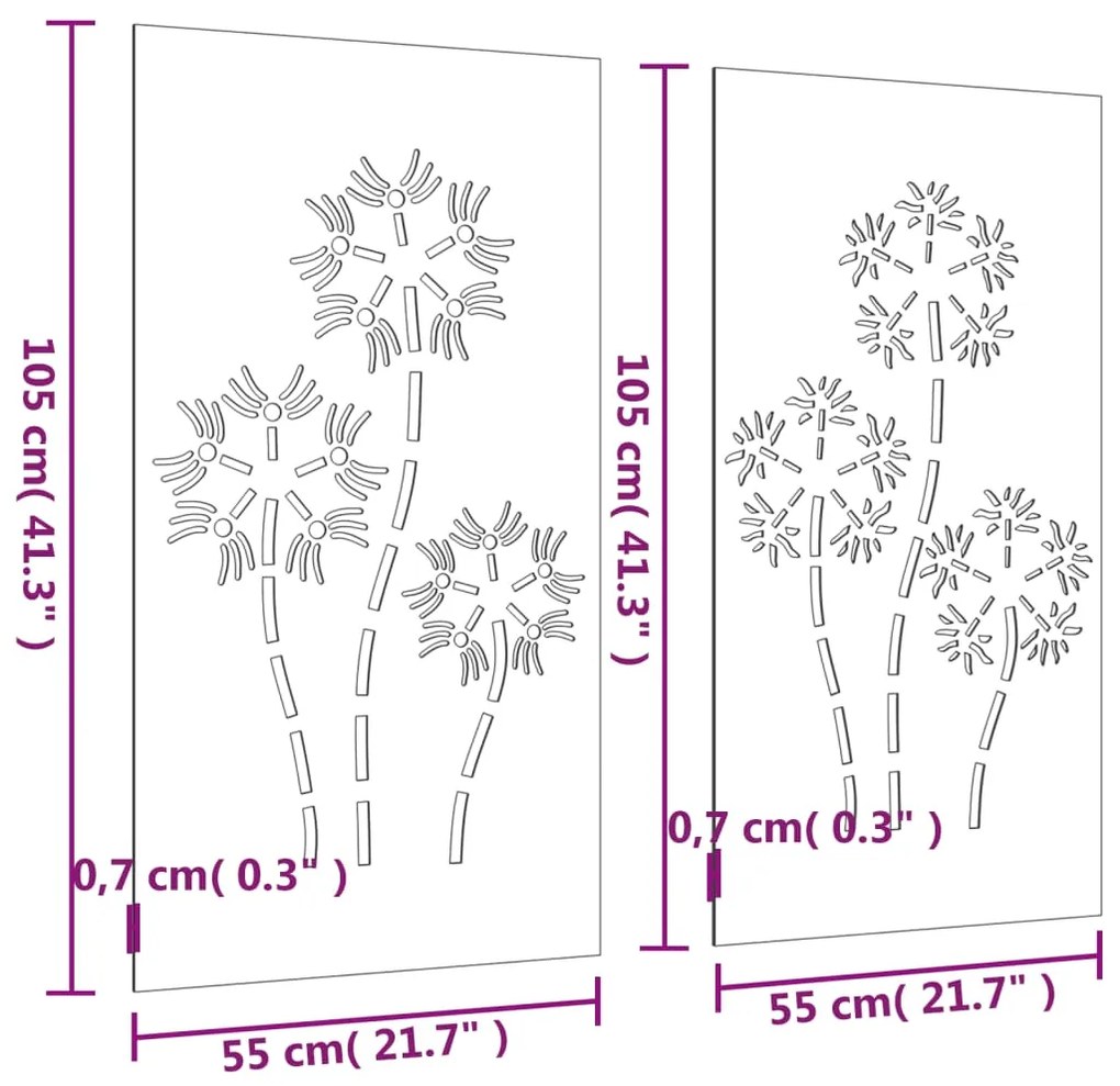 Decorações p/ muro de jardim 2 pcs aço corten design flores