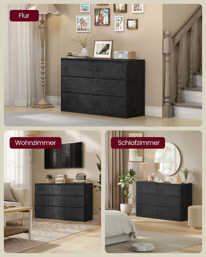 Cómoda Kailyn com seis gavetas para quarto 40 x 119,4 x 75 cm Preto
