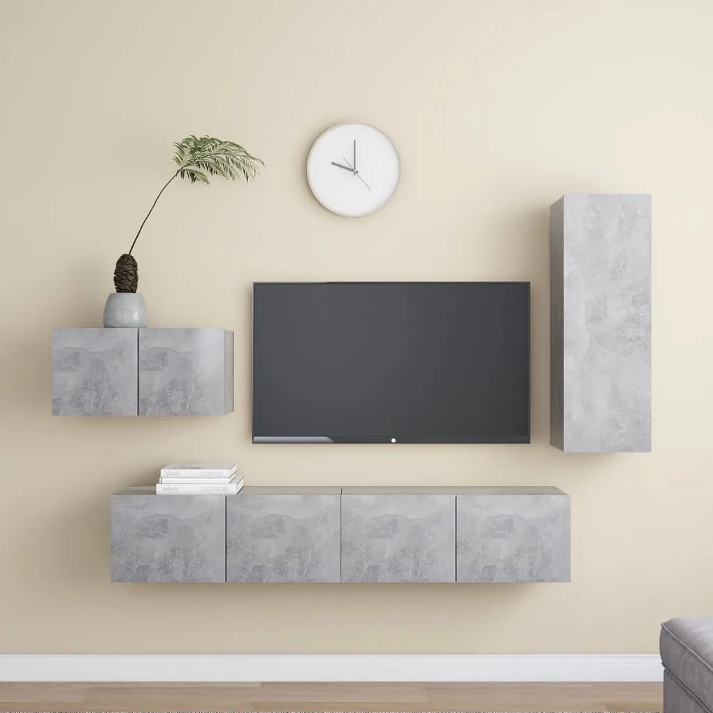 4 pcs conjunto móveis de TV derivados madeira cinzento cimento