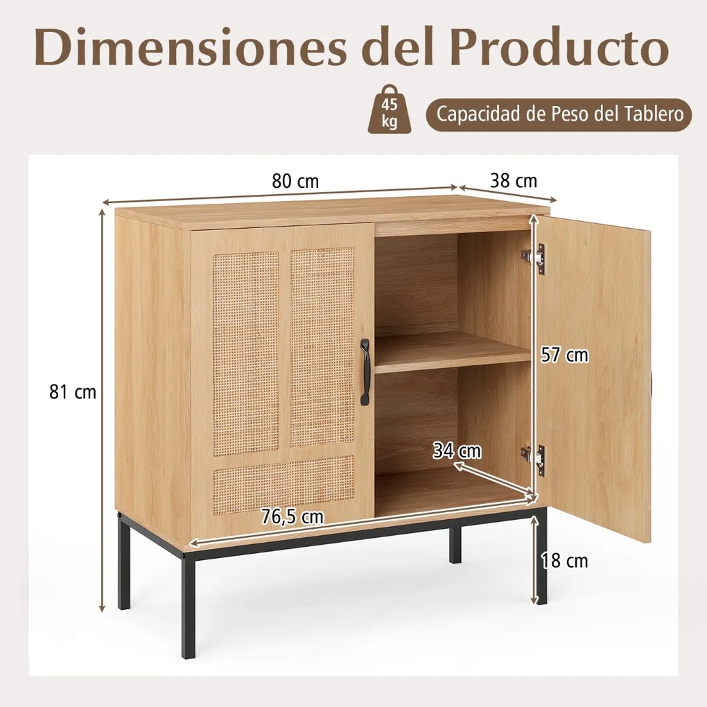 Aparador 80 x 38 x 81 cm com 2 portas em rattan natural, prateleira ajustável em 3 posições, pés metálicos natural