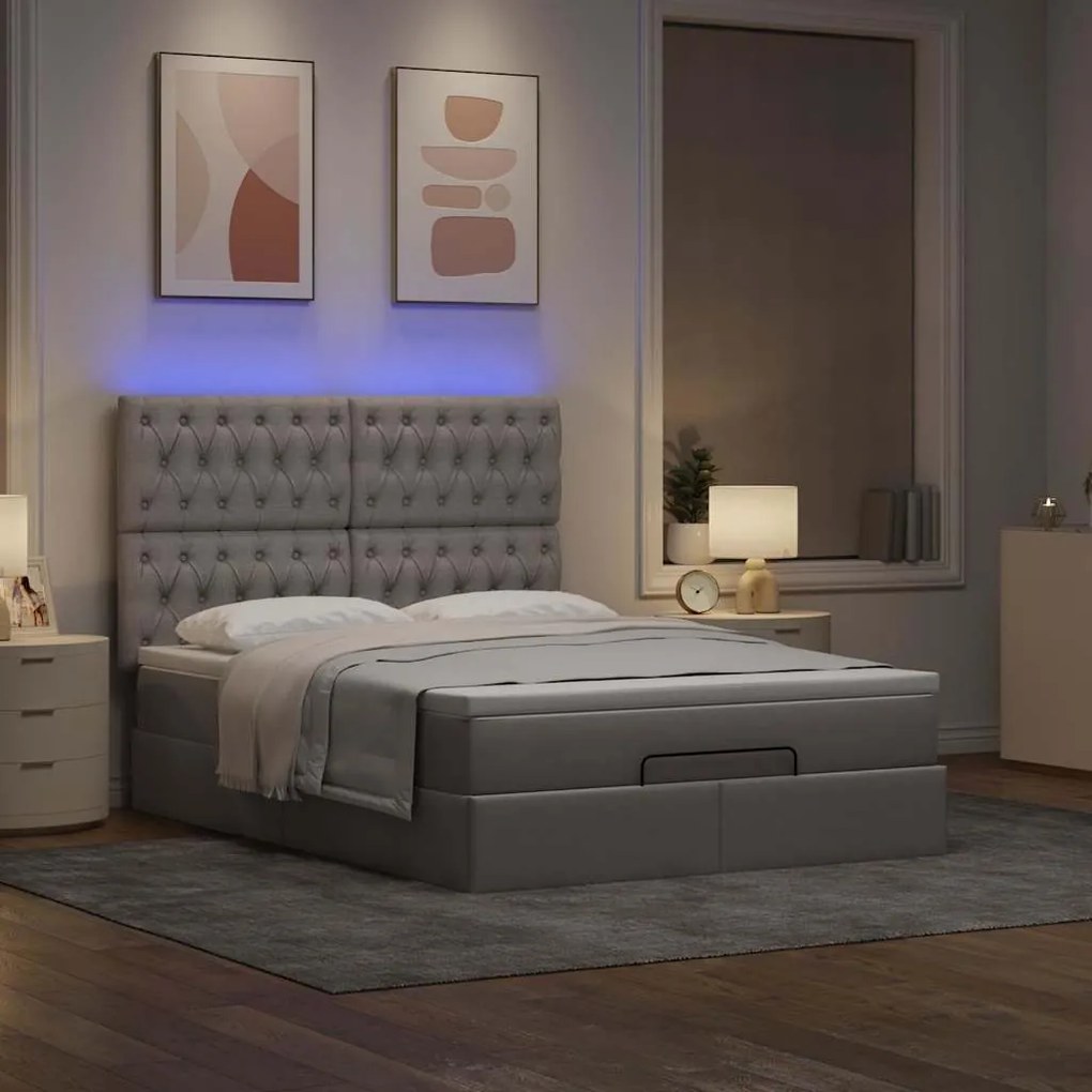 Estrutura de cama otomana com colchão tecido cinzento 140x200cm