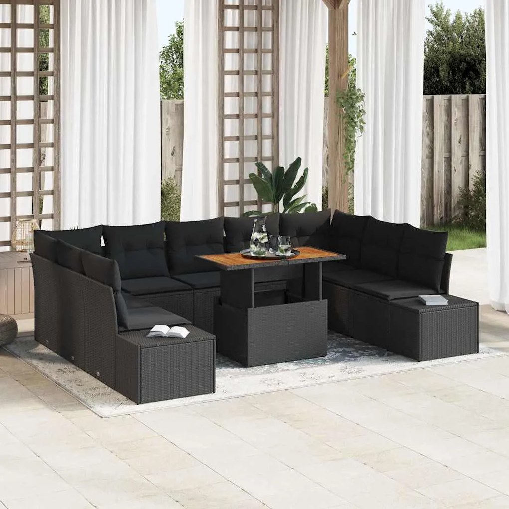 vidaXL Conjunto de Jantar de Jardim com 10 Peças e Almofadas em Rattan Sintético Preto e Acácia