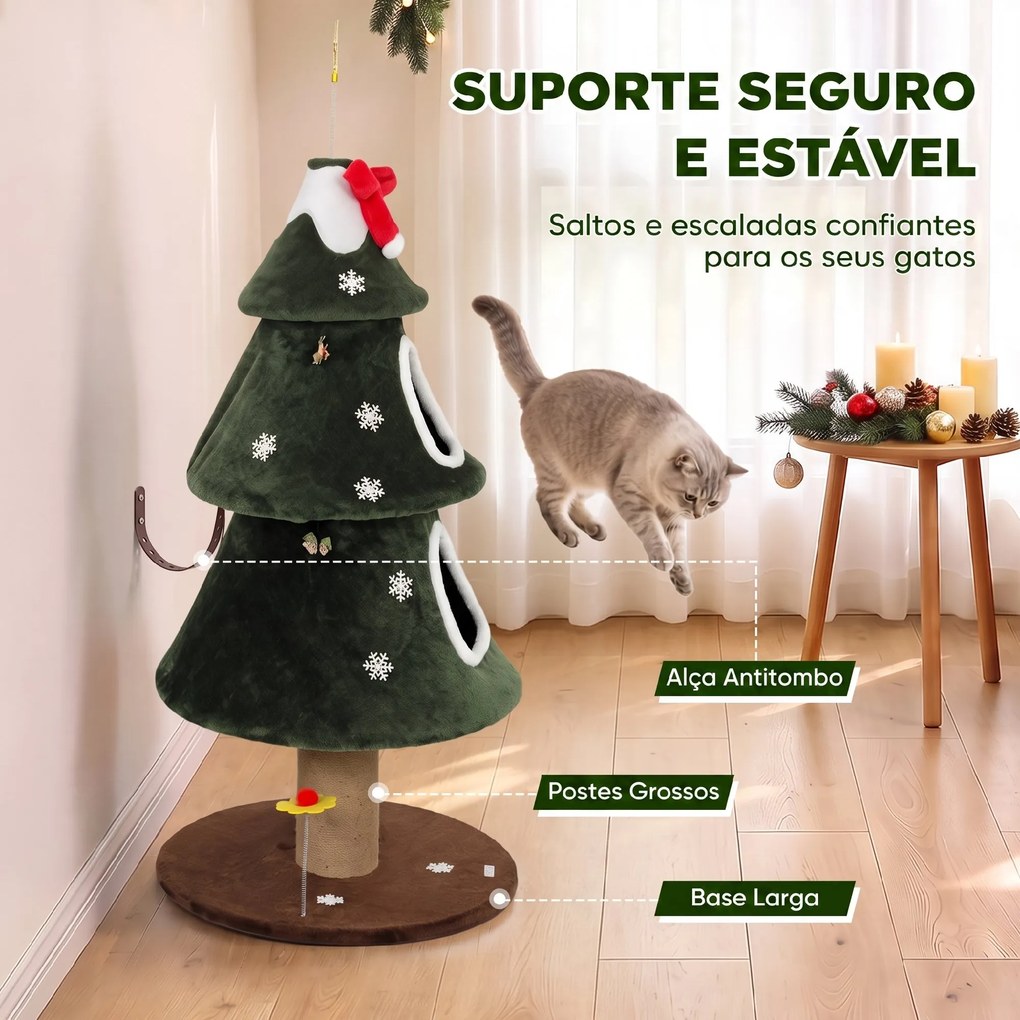 Árvore Arranhadora para Gatos 132 cm com 2 Casinhas, Design de Natal, Escada de Sisal, Verde