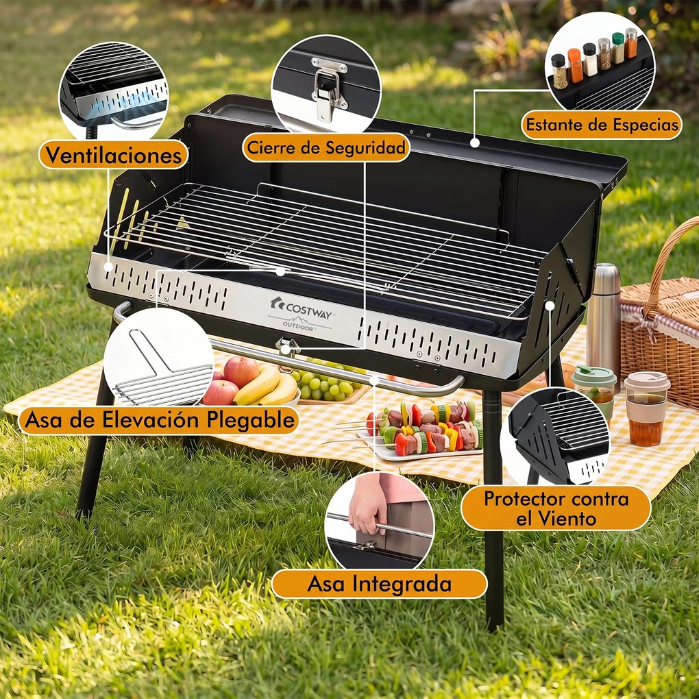 Grelhador a Carvão Dobrável Portátil, 81 x 48 x 84 cm, Grelha Regulável Preto