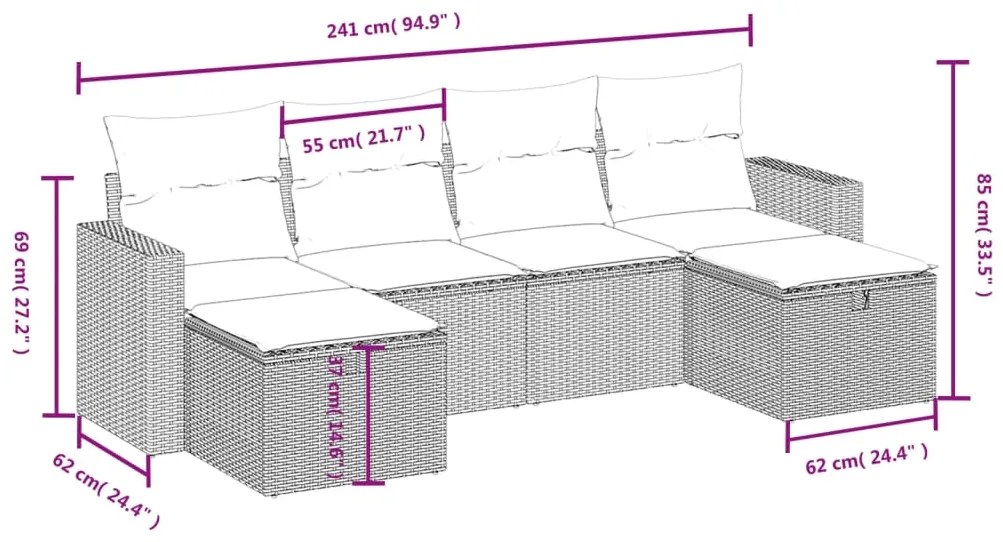 6 pcs conjunto de sofás jardim c/ almofadões vime PE castanho