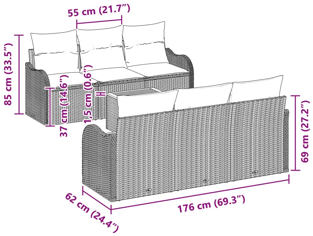 Conjunto de Sofás de Jardim de 7 Peças com Almofadas Preto Rattan Poli