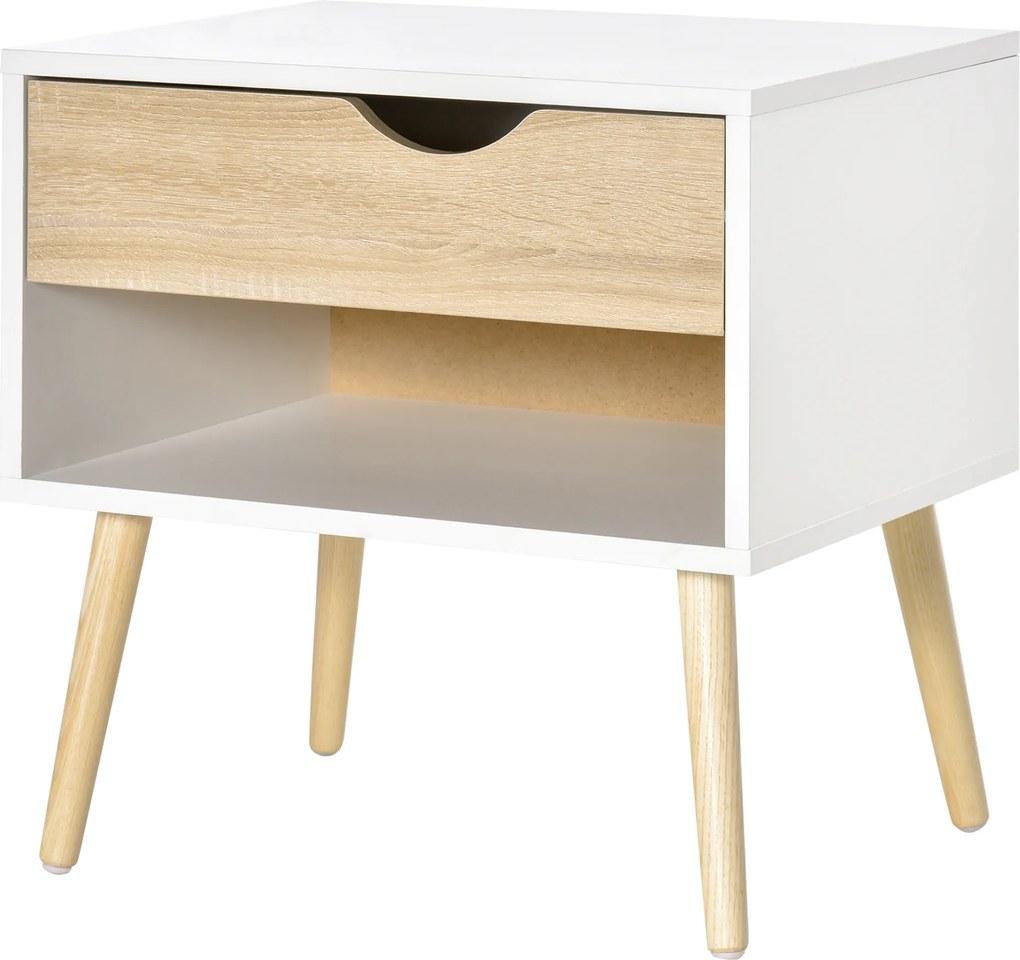 Mesa de Cabeceira, 50 x 39 x 51 cm, Design Escandinavo, Branco e cor Madeira Natural