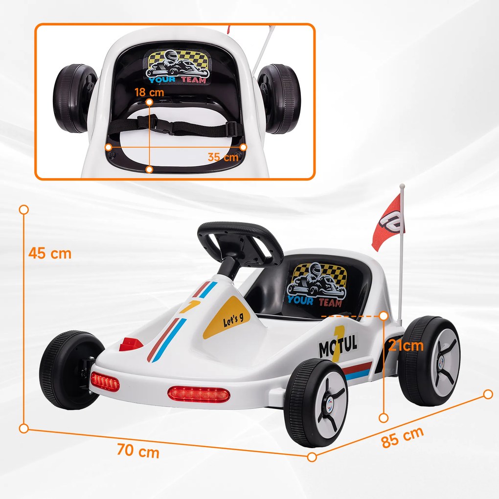 Kart Elétrico 6V  para Crianças acima de 3 Anos com Música Luz Buzina Cinto de Segurança Carga 50 kg  85x70x45 cm Branco