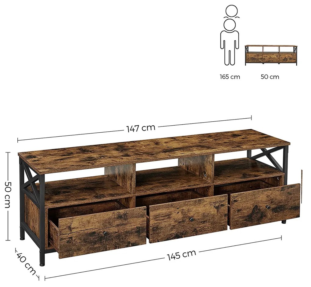 Móvel TV de estilo industrial com 3 gavetas 147 x 40 x 50 cm Castanho Vintage-preto