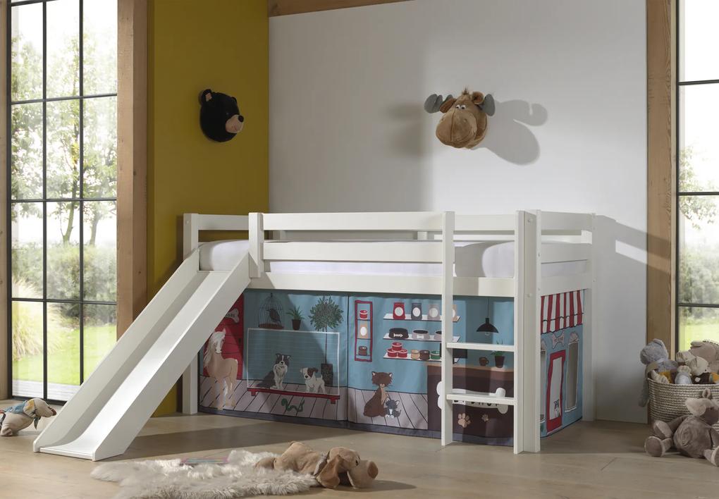 Cama alta de Criança PINO 90 x 200 cm + estrado + escada + escorrega + cortina Animais Branca