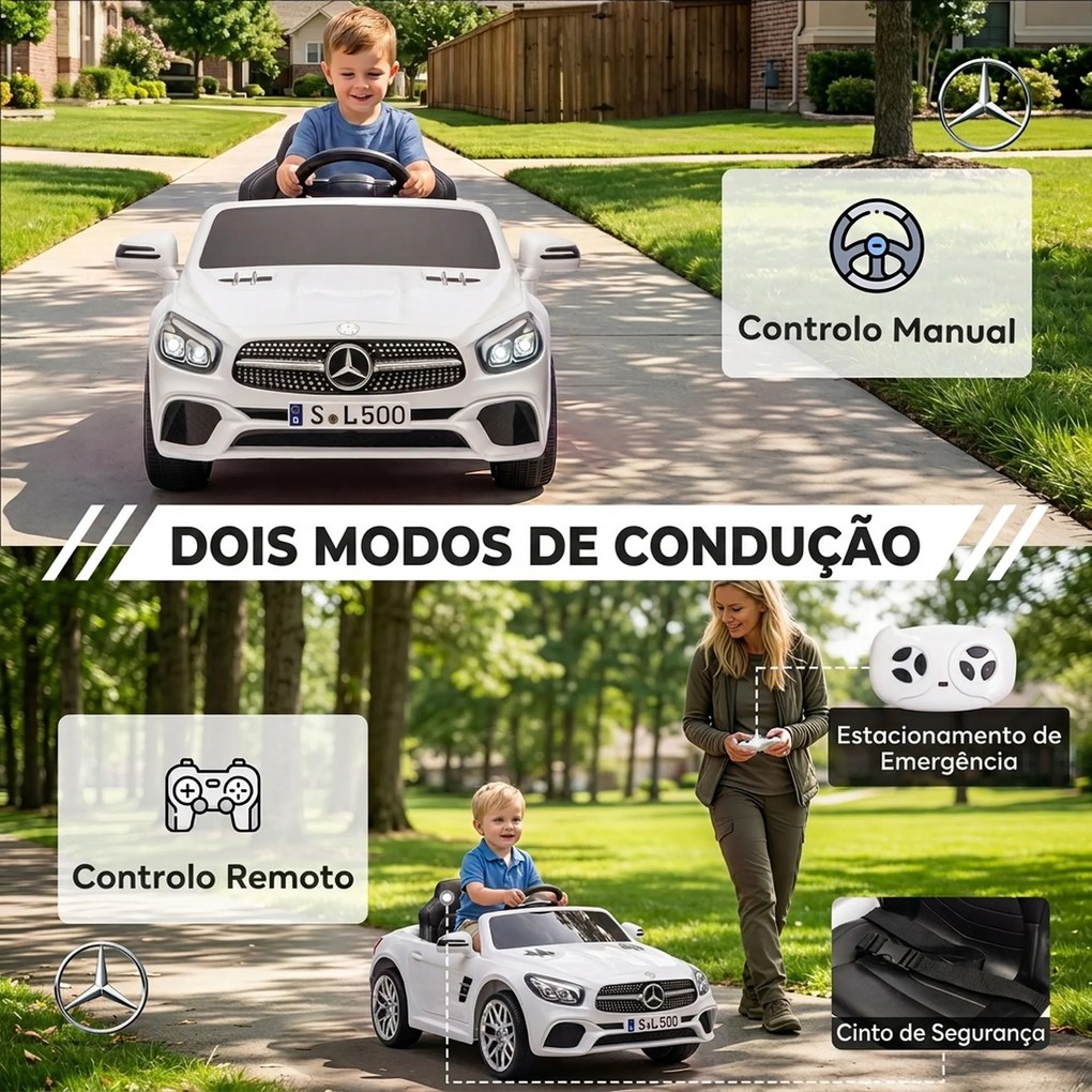 Carro Elétrico Infantil Mercedes-Benz SL500 12 V com Telecomando 2,4 GHz, 2 Motores e Suspensão, Branco