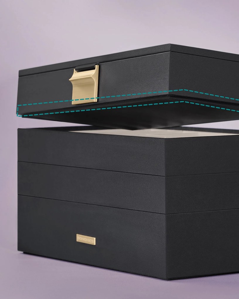 Caixa para joias de 4 níveis com tampa de vidro 17 x 28 x 18,3 cm Preta