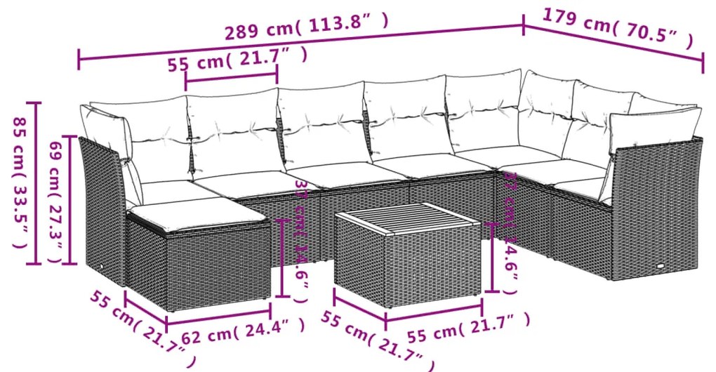 9 pcs conjunto de sofás p/ jardim com almofadões vime PE bege
