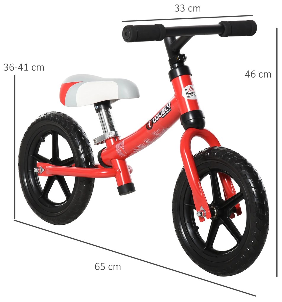 HOMCOM Bicicleta sem pedal para criança acima de 2 anos com selim ajustável em altura Pneus EVA máx. 25 kg Metal 65x33x46 cm Vermelho