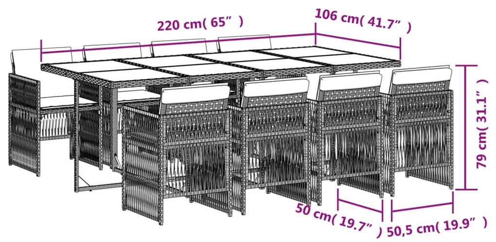 9 pcs conjunto de jantar p/ jardim c/ almofadões vime PE preto