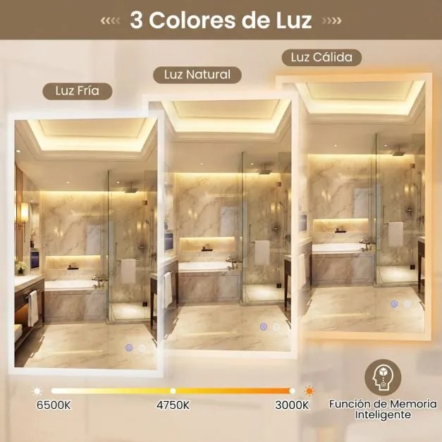 Espelho LED para casa de banho 70 x 120 cm retangular de parede com função antiembaciamento, memória, 3 cores de luz e controlo tátil Prata