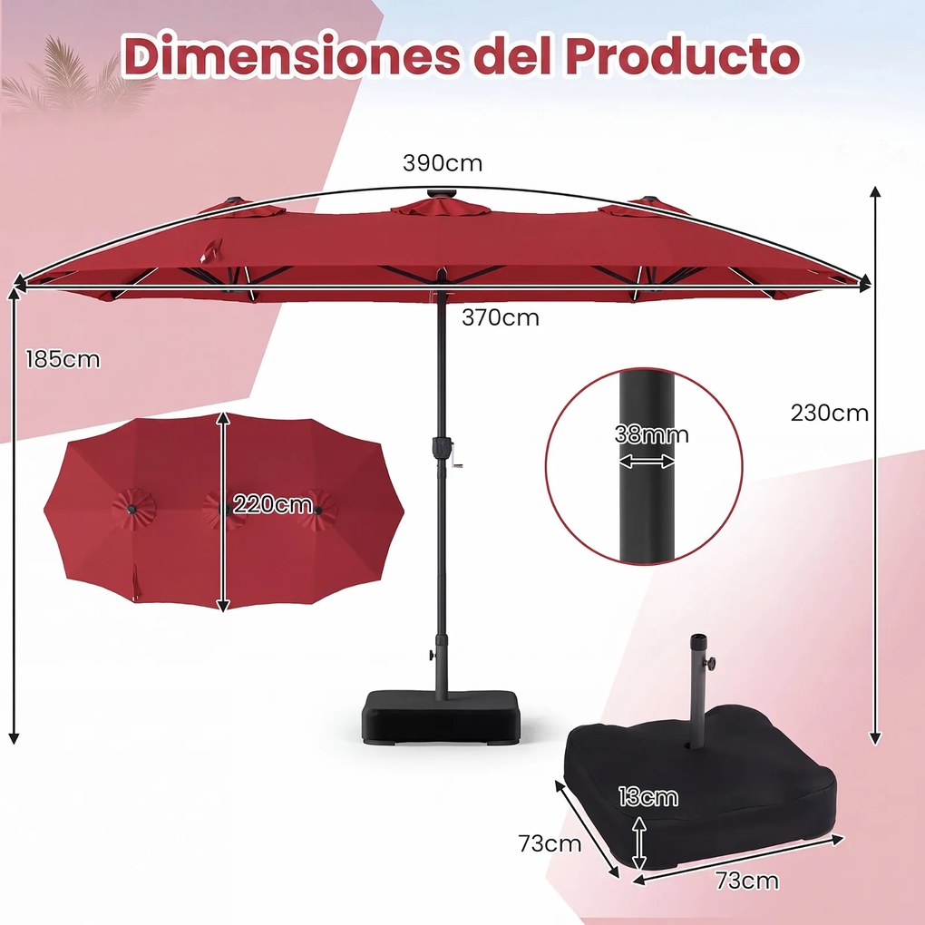 Guarda-sol Duplo Retangular de Exterior com base, 370 x 200 cm, 108 Luzes LED, Vermelho vinho