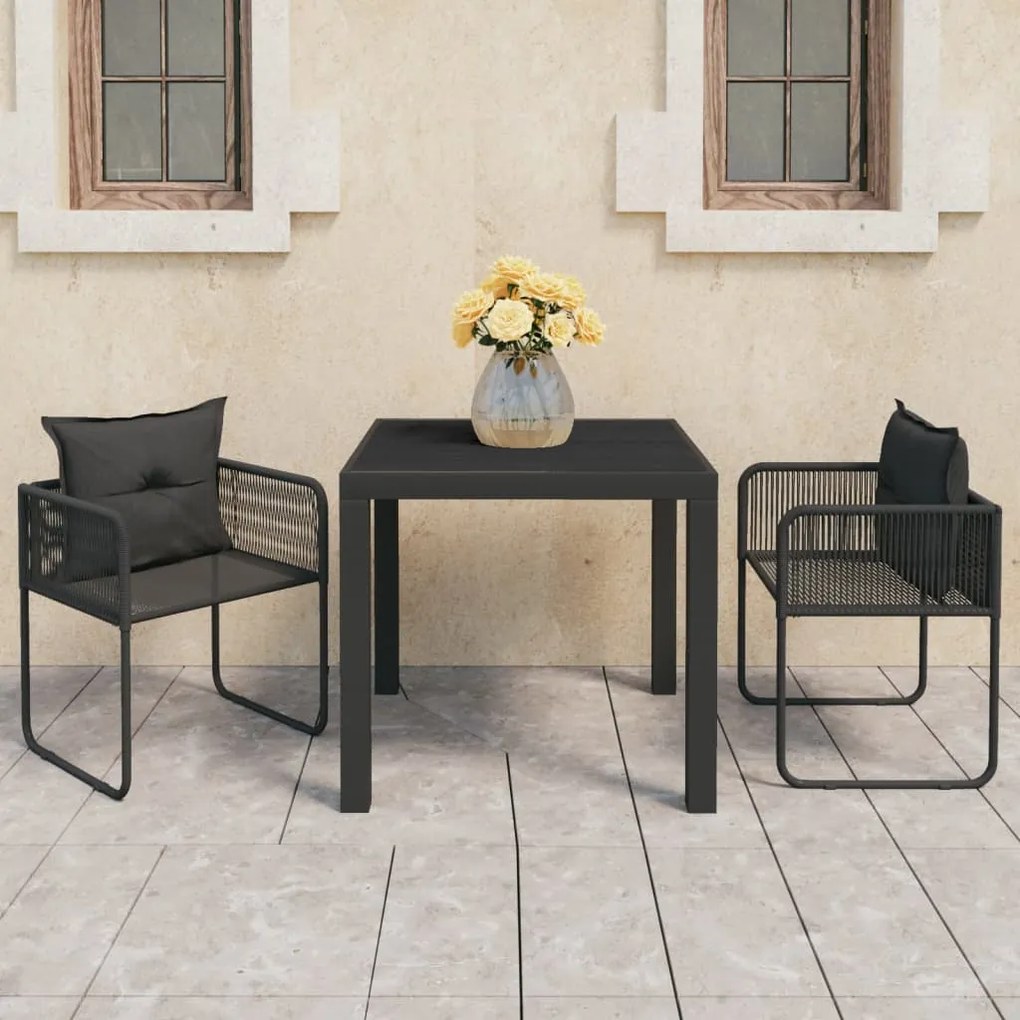 3 pcs conjunto de jantar para jardim vime de PVC preto