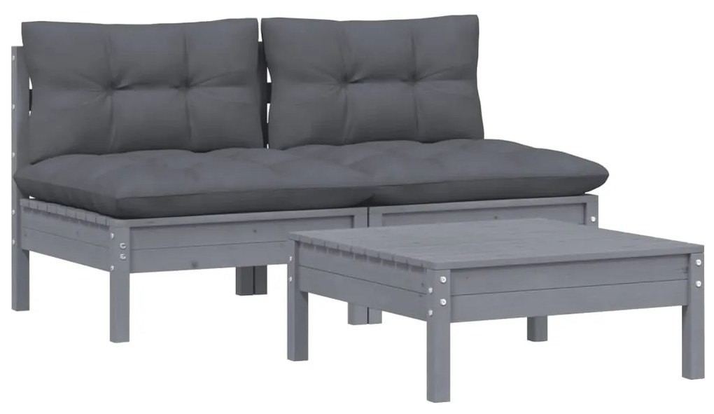 3 pcs conj. lounge de jardim com almofadões antracite pinho
