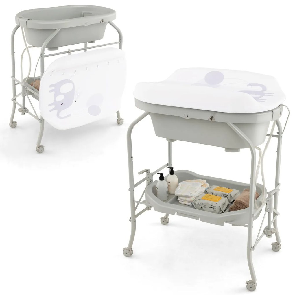 Fraldário para bebés com banheira portátil Almofada dobrável em PVC Bandeja de arrumação com 4 rodas universais Cinzento claro