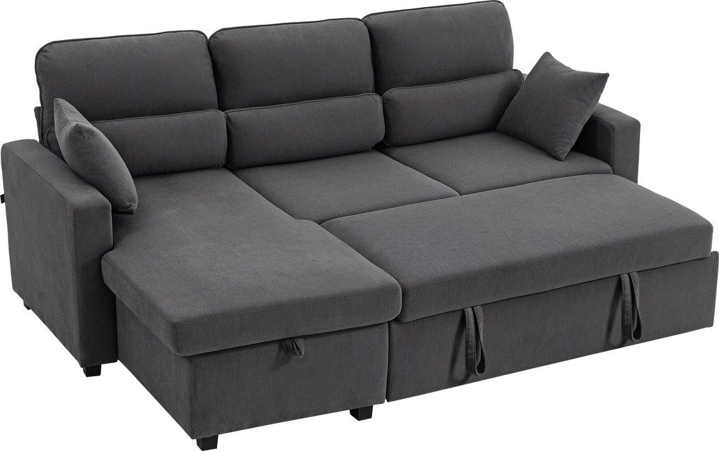 Sofá de canto convertível 205 x 135 x 76 cm em veludo canelado, sofá-cama de 3 lugares com arrumação oculta, almofadas, cinzento