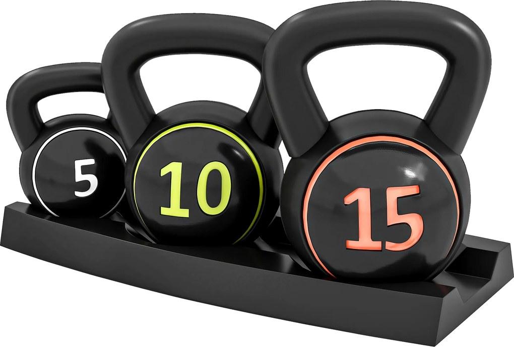 Conjunto de 3 pesos de 2,2, 4,5 e 6,8 kg com pega antiderrapante para treino desportivo e fitness, com suporte de arrumação preto