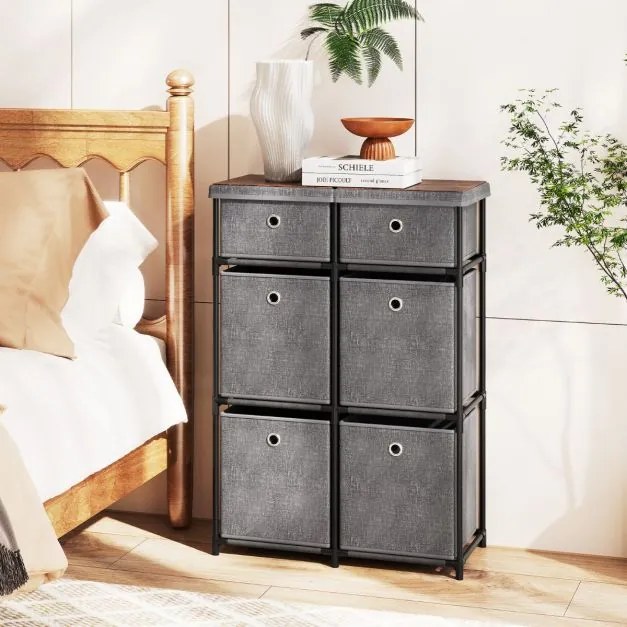 Cómoda com 6 gavetas 58 x 29 x 84 cm, estrutura metálica e cestos de tecido dobráveis para casa, cinza
