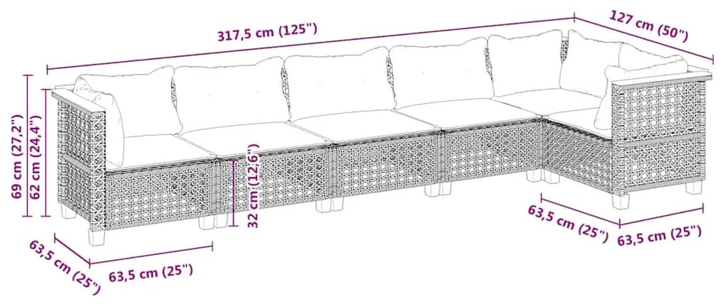 6 pcs conjunto de sofás p/ jardim com almofadões vime PE bege