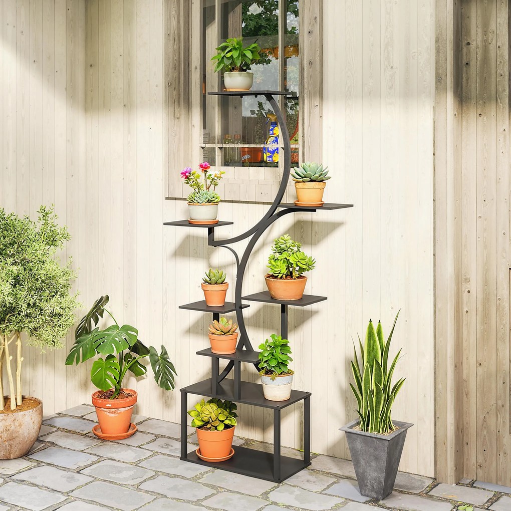 Estante para flores em metal com 8 níveis, estante para plantas em forma de S com 158,5 cm, para interior e exterior, preta