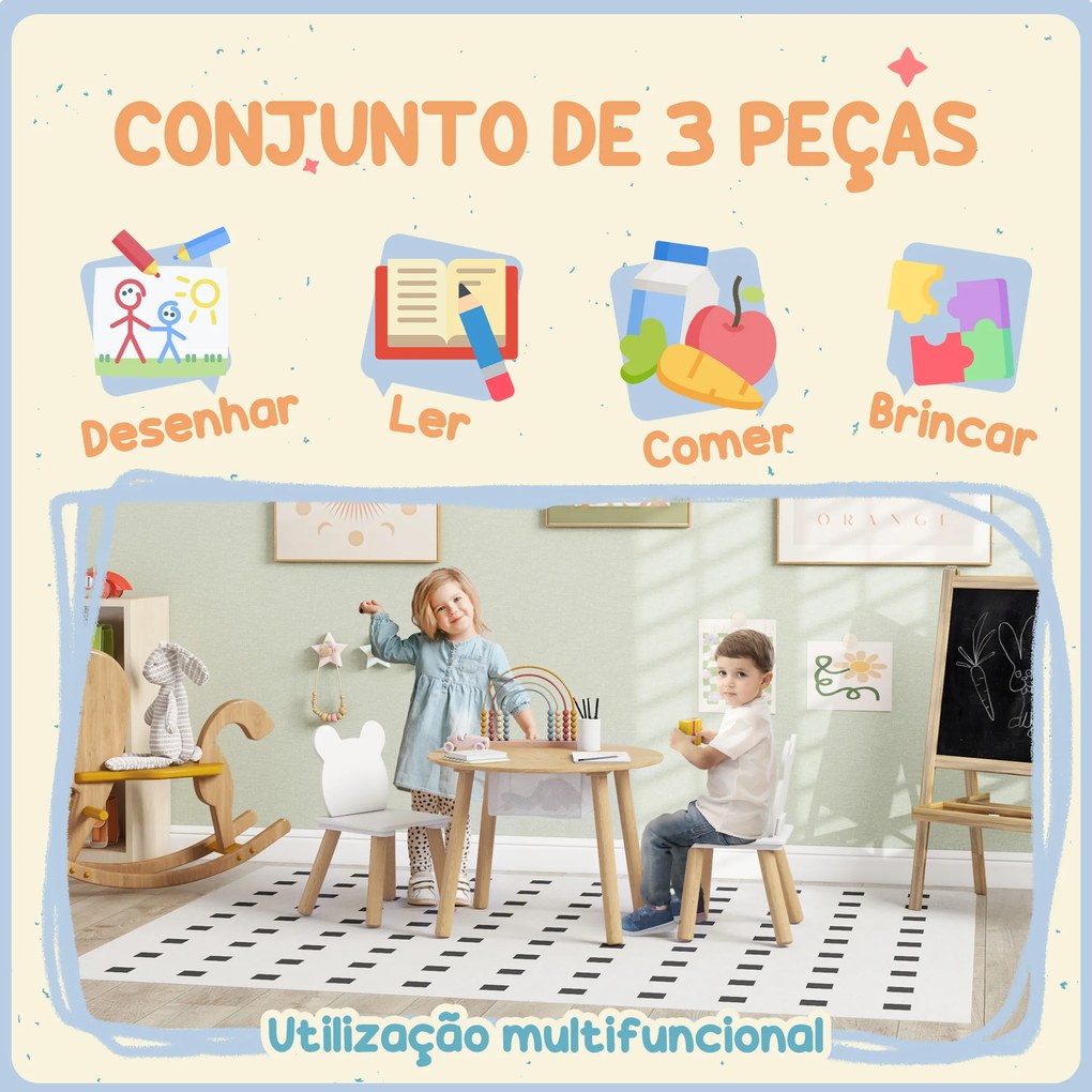 Mesa Infantil com 2 Cadeiras com Espaço de Arrumação para Crianças de 3-6 Anos para Sala de Jogos Dormitório Madeira e Branco